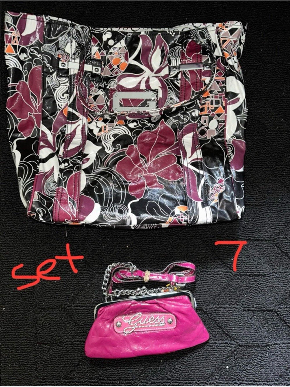 GUESS Pink Patent Mini Crossbody with Floral Black and Plum Tote Set